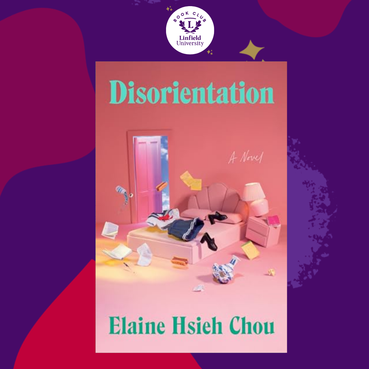 The cover of "Disoriented" by Elaine Hsieh Chou is displayed over a purple background
