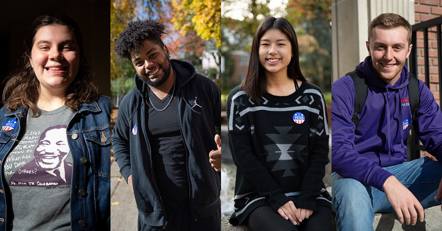 Four Linfield students showed their “I VOTED” pride during the 2018 midterm elections.