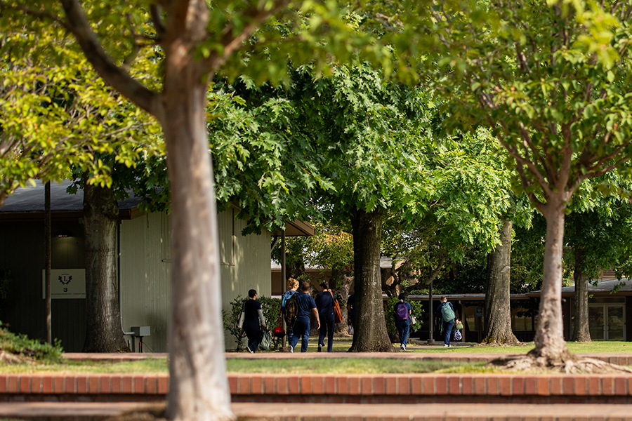 Students walking in the distance on the Portland campus.