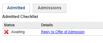 Screenshot of the admitted checklist in the Linfield Admission Portal. The status shows "awaiting reply" to the offer of admission letter with a link to respond