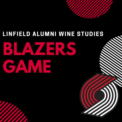 infographic with Trail Blazers logo that reads: Linfield alumni wine studies Blazers game