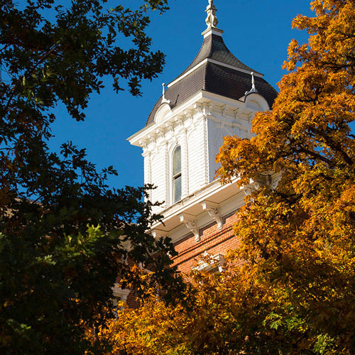 the top of Pioneer Hall through autumn tree leaves