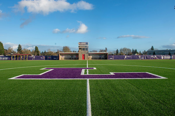 Linfield's soccer field with an "L" in the middle.