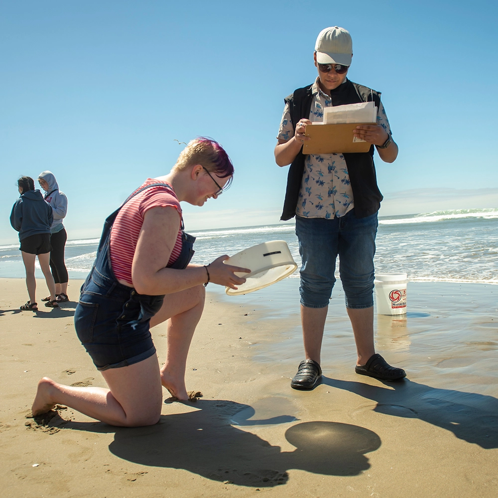 two students doing research at the beach as part of the iFocus pre orientation program.