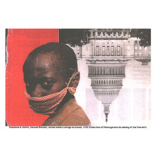 Theodore A. Harris mixed media collage named "Vetoed Dreams" showing a young black boy with a face mask and the Pennsylvania Capitol upside down in the background