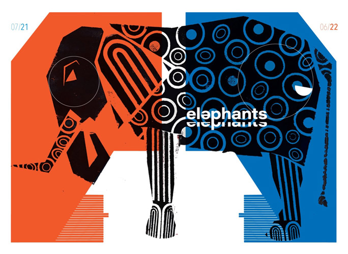 Belle's digital artwork of an elephant in blue, orange and black