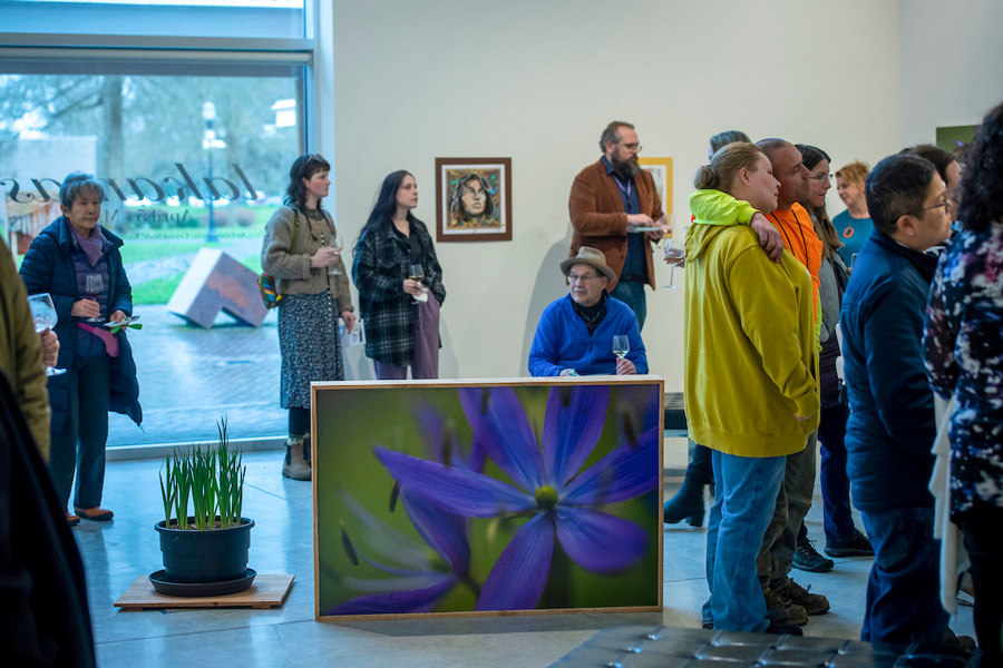 Visitors in the art gallery listening to the lakamas artist talk.