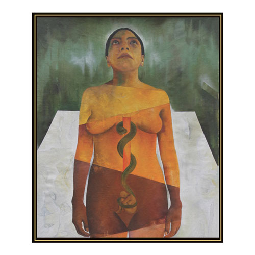 A painting by Patricia Vazquez of a woman looking up with a snake and dagger on her torso, and a human figure near her womb