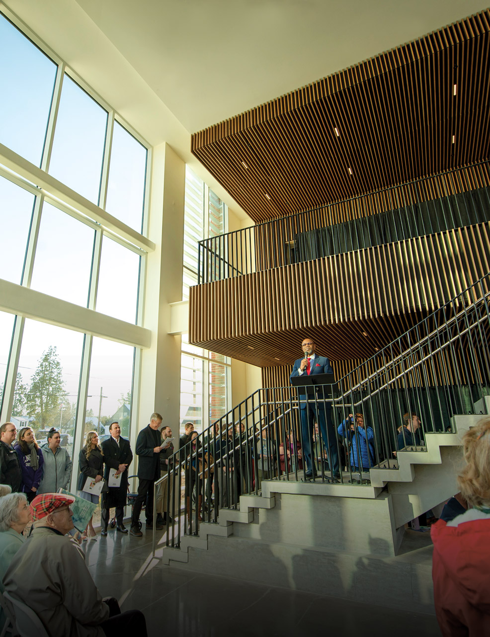 Linfield President Miles K. Davis speaking at the ribbon-cutting ceremony for the new science complex.