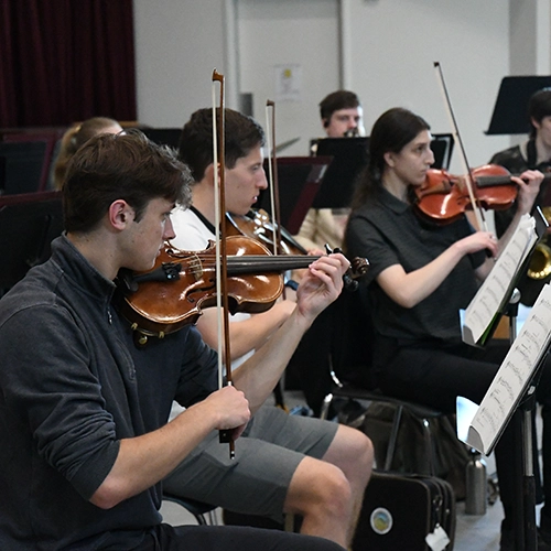 multiple students playing string instruments.
