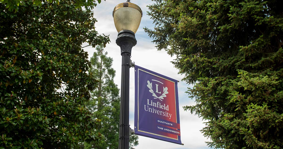 Linfield University banner on a light post.