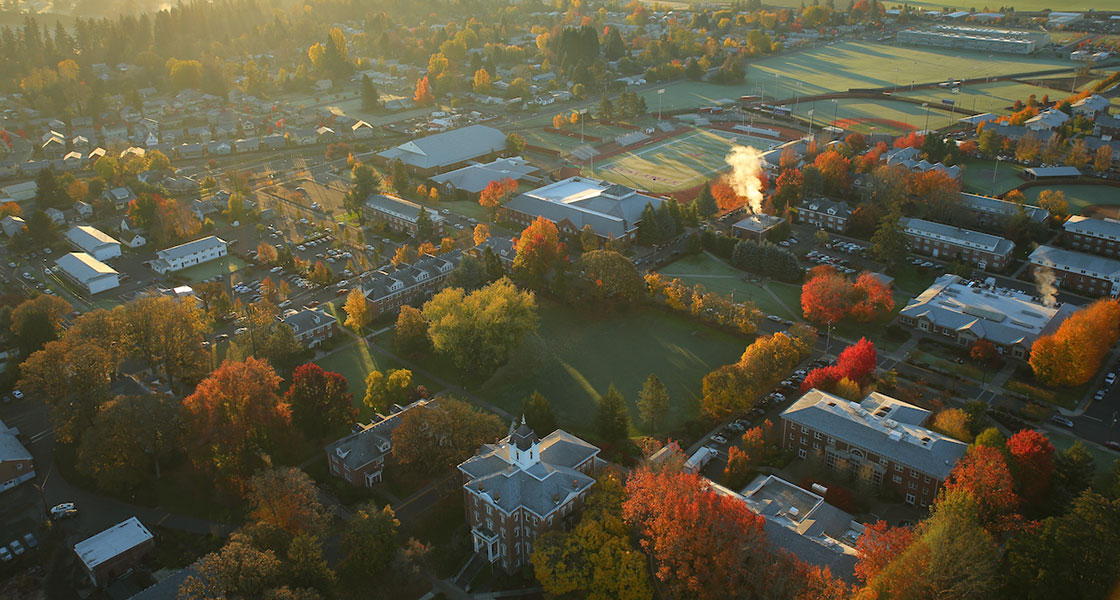 aerial view of Linfield's academic quad