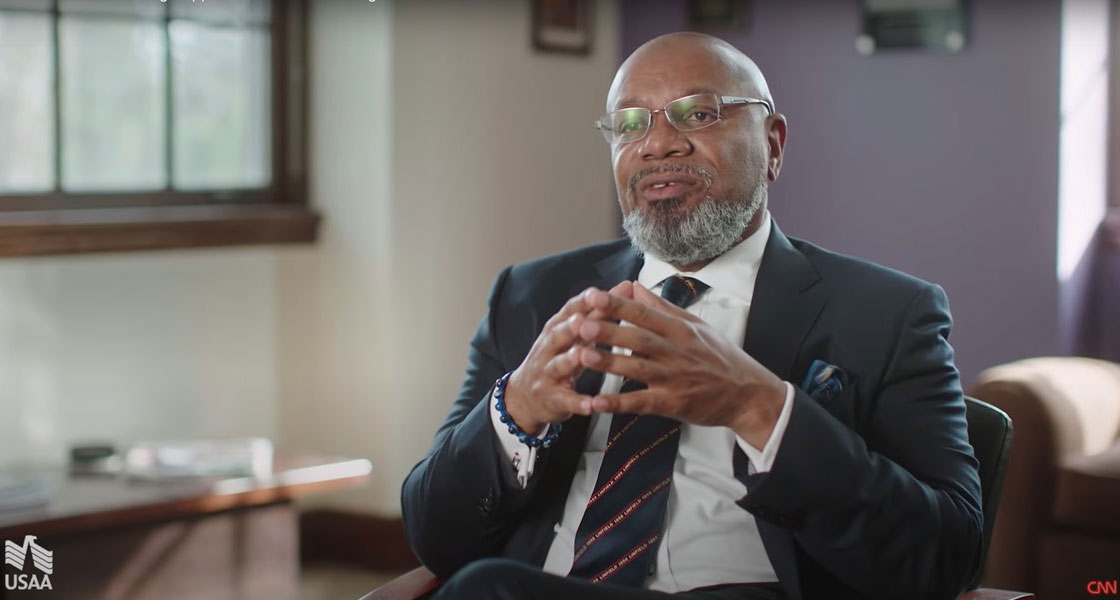 Linfield University president, Miles K. Davis, interviewing for CNN's "Small Town Heroes" video