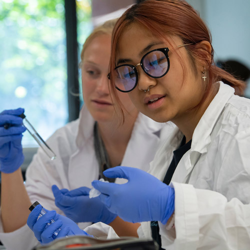 Two female students wearing white lab coats and latex gloves working in the lab.