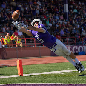 Linfield football player catch a pass for a touchdown