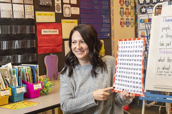 teacher sitting on a chair in an elementary classroom.