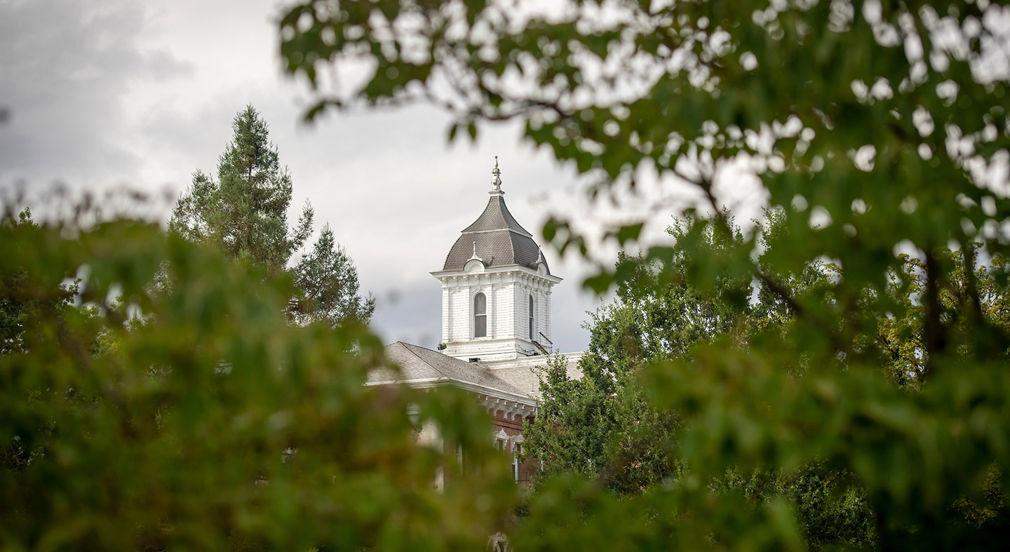 The top of Pioneer Hall through leaves on trees.