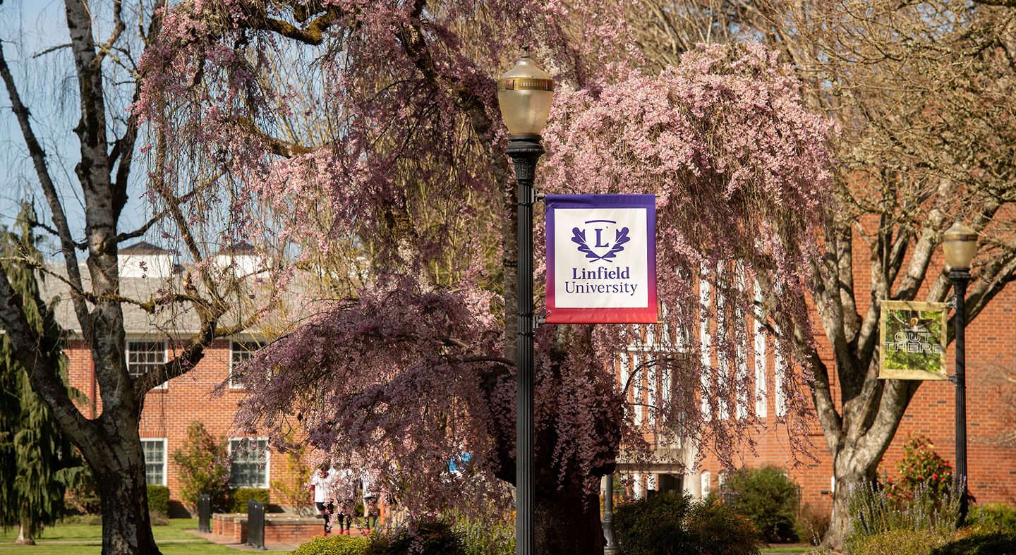 Linfield University banners on the McMinnville campus in spring