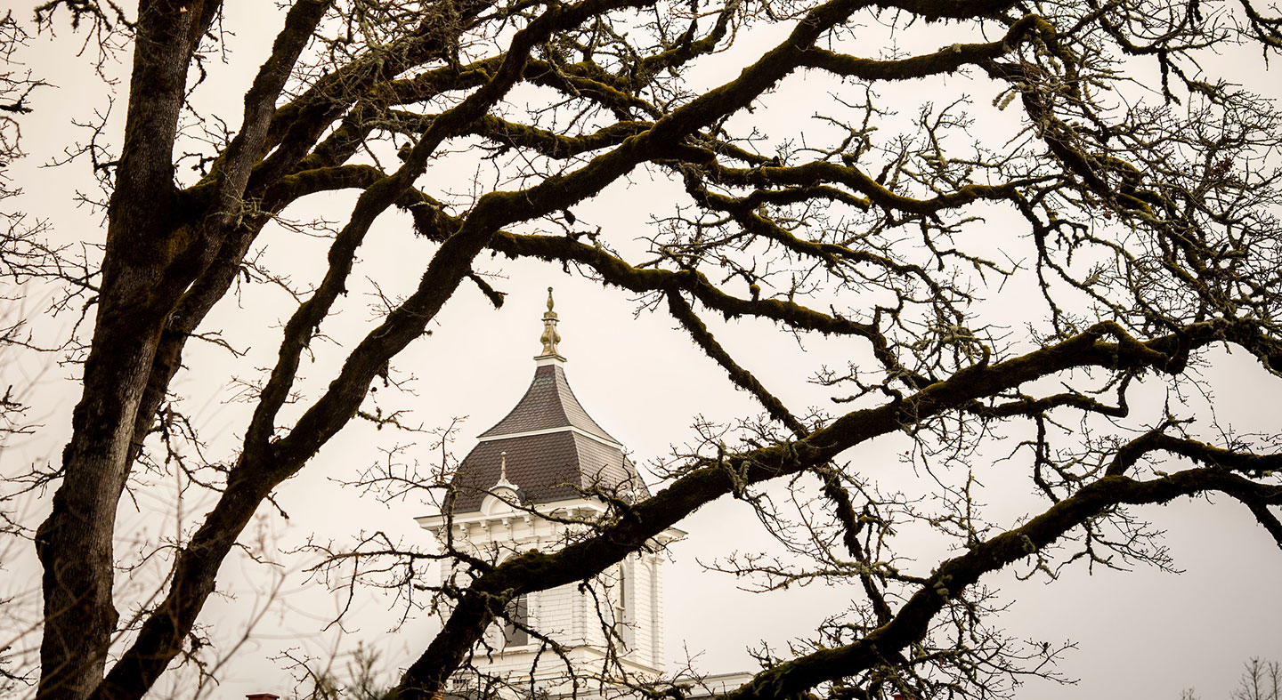 Pioneer Hall through the trees in winter