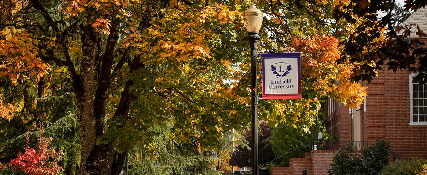 The front steps of T.J. Day Hall with a Linfield University banner on a light pole in the foreground.