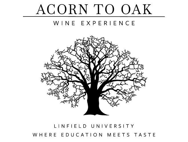 Acorn to Oak Wine Experience logo. "Where Education Meets Taste. Linfield University."