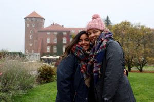 Ana and I all bundled up inside the castle walls. 