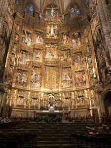 This altar depicts the life of Jesus Christ. Many people in Mesieval Toledo could not read, so the pictures made it possible to understand the stories of the Bible. This is made from painted, sculpted wood, and a lot of gold!