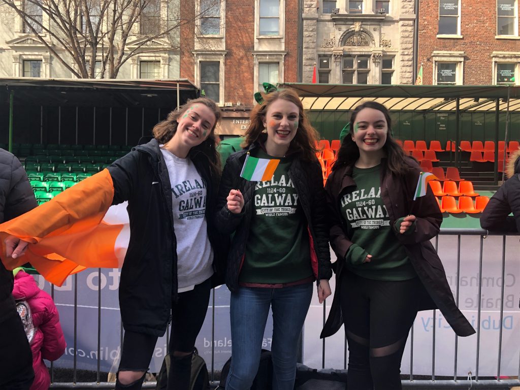 From the left, Kristen Burke, Paige Phillipson, and Jordan Keller, ready for the Dublin St. Patrick's Day parade