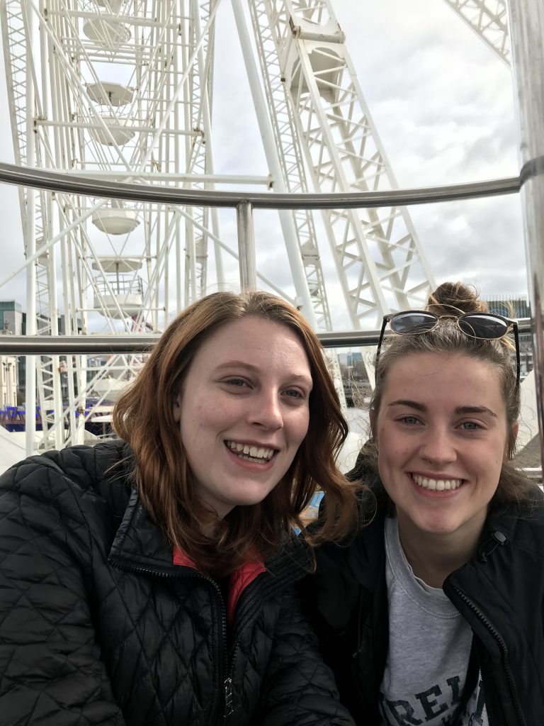 Paige Phillipson and Kristen Burke atop a Ferris wheel, Dublin, Ireland
