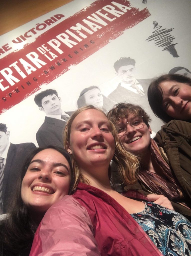 From the left, Jordan Keller, Kristen Huth, Phoebe Whittington, and Sophie Stensvad at Teatre Victòria for Spring Awakening