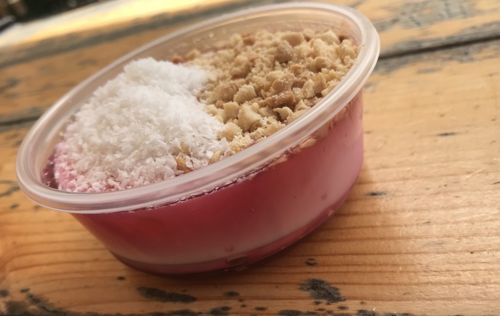 Malabi, a milk pudding with rose water, coconut, and peanuts