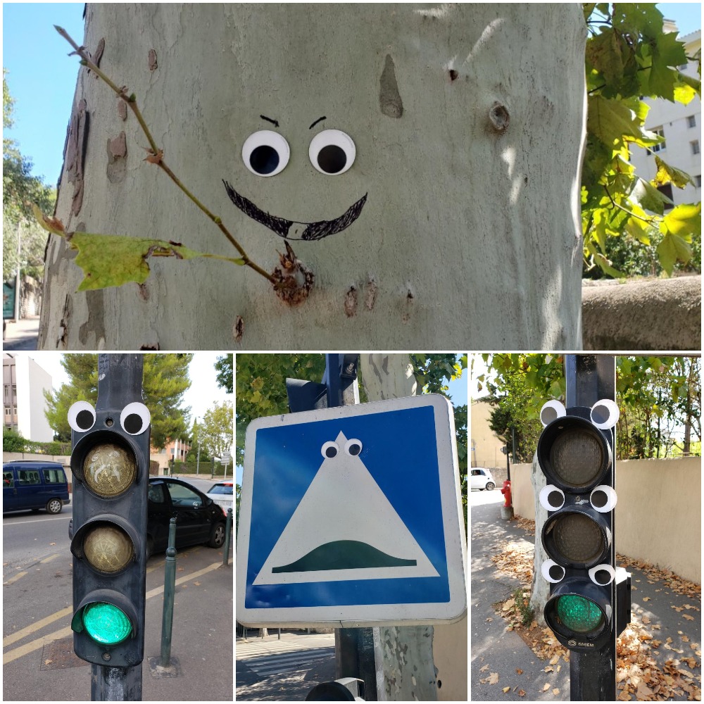 Googly eyes that are on street signs throughout the city of Aix.
