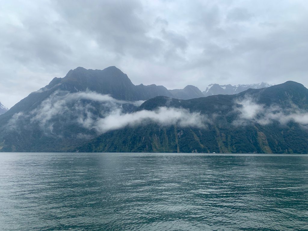 Milford Sound and mountains with fog
