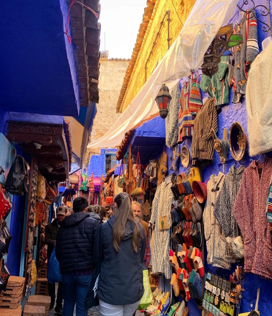 Street markets in Chefchauen selling clothing, rugs, etc.
