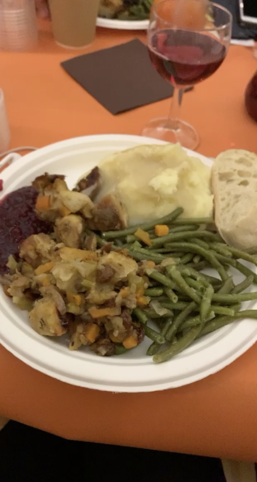 Thanksgiving dinner from IAU: potatoes, gravy, turkey, cranberry sauce, dressing and green beans