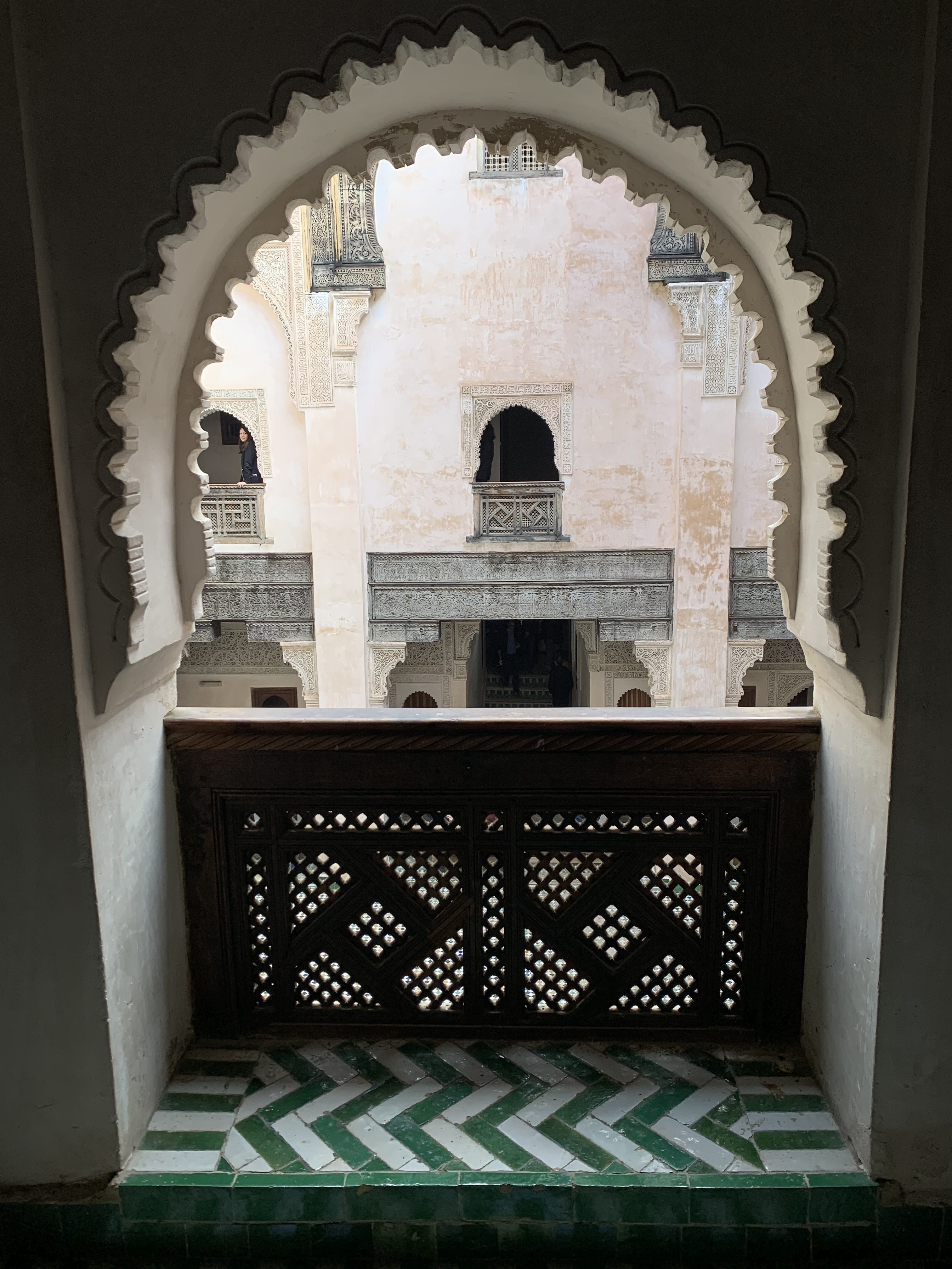 Madrasa in Fez. Looking out over a balcony to balconies across the street.