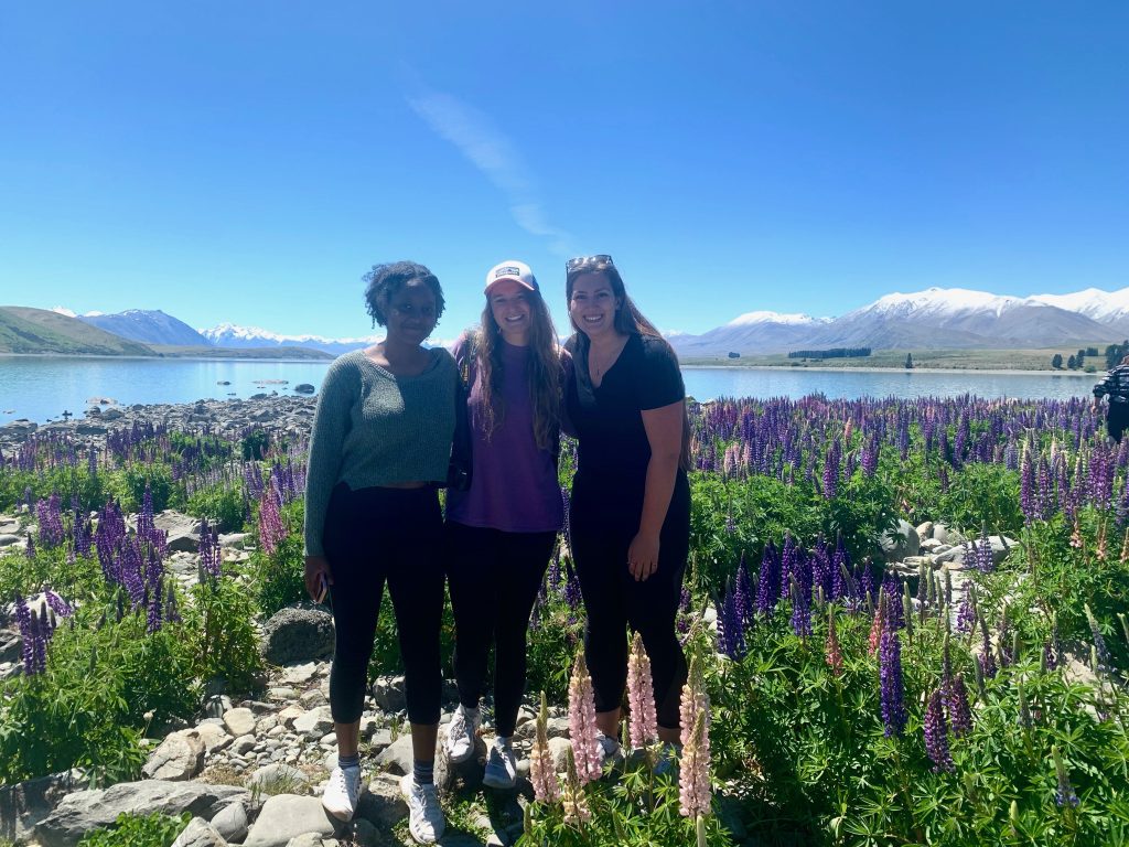 3 students posing amid the wild lupins with Lake Tekapo in the background and lots of clear blur sky.