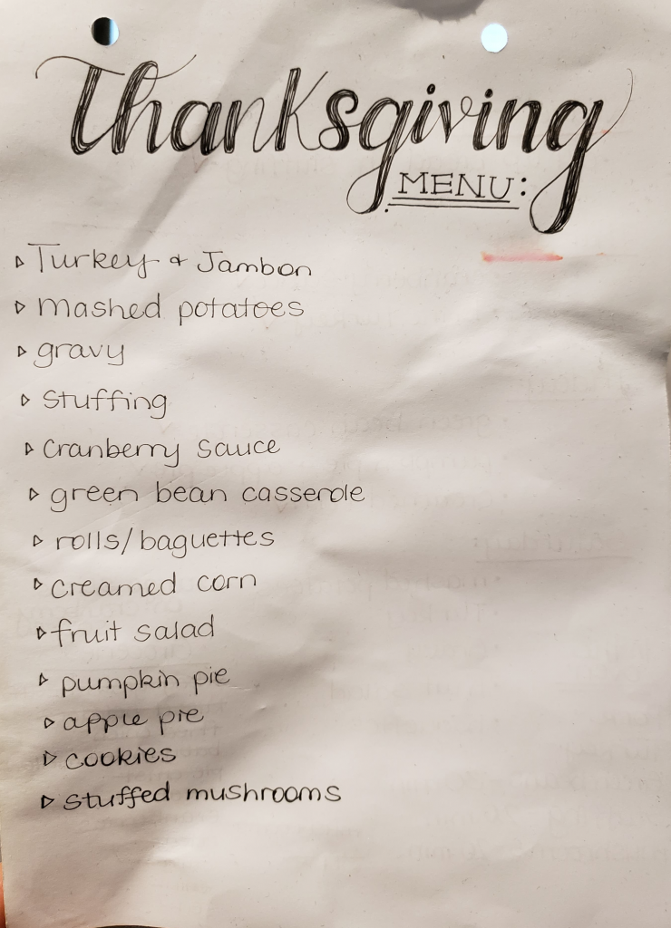 A menu for thanksgiving dinner