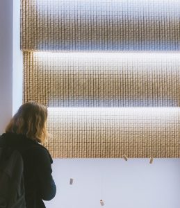 A student stands with their back facing the camera looking at a wall with gold decorations