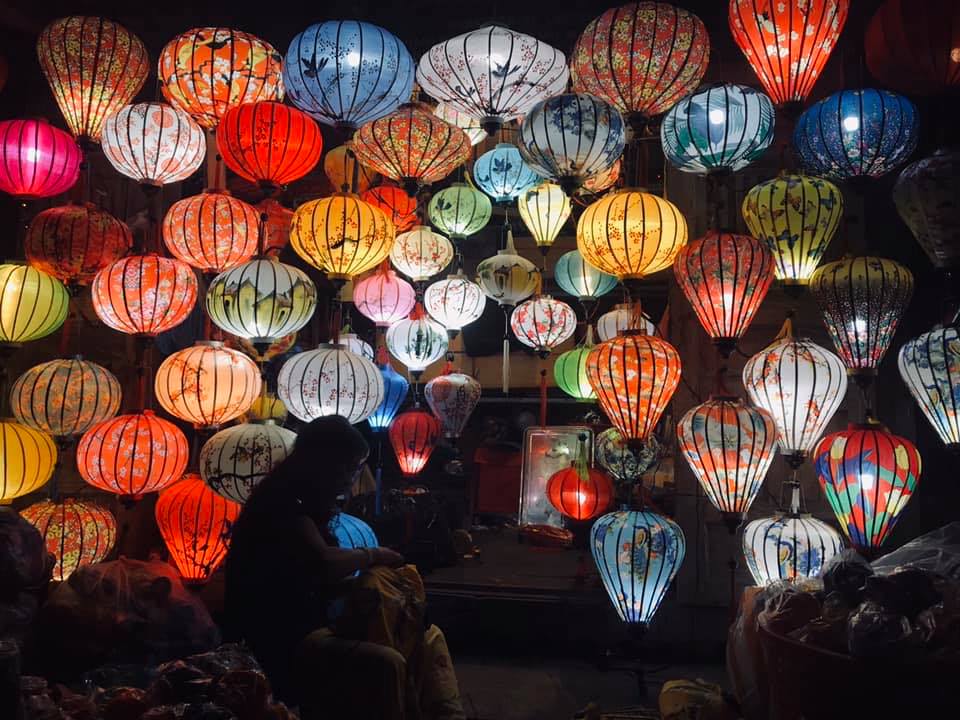 Hoi An, Vietnam. Colorful lanterns of all different shapes and sizes hanging in a room