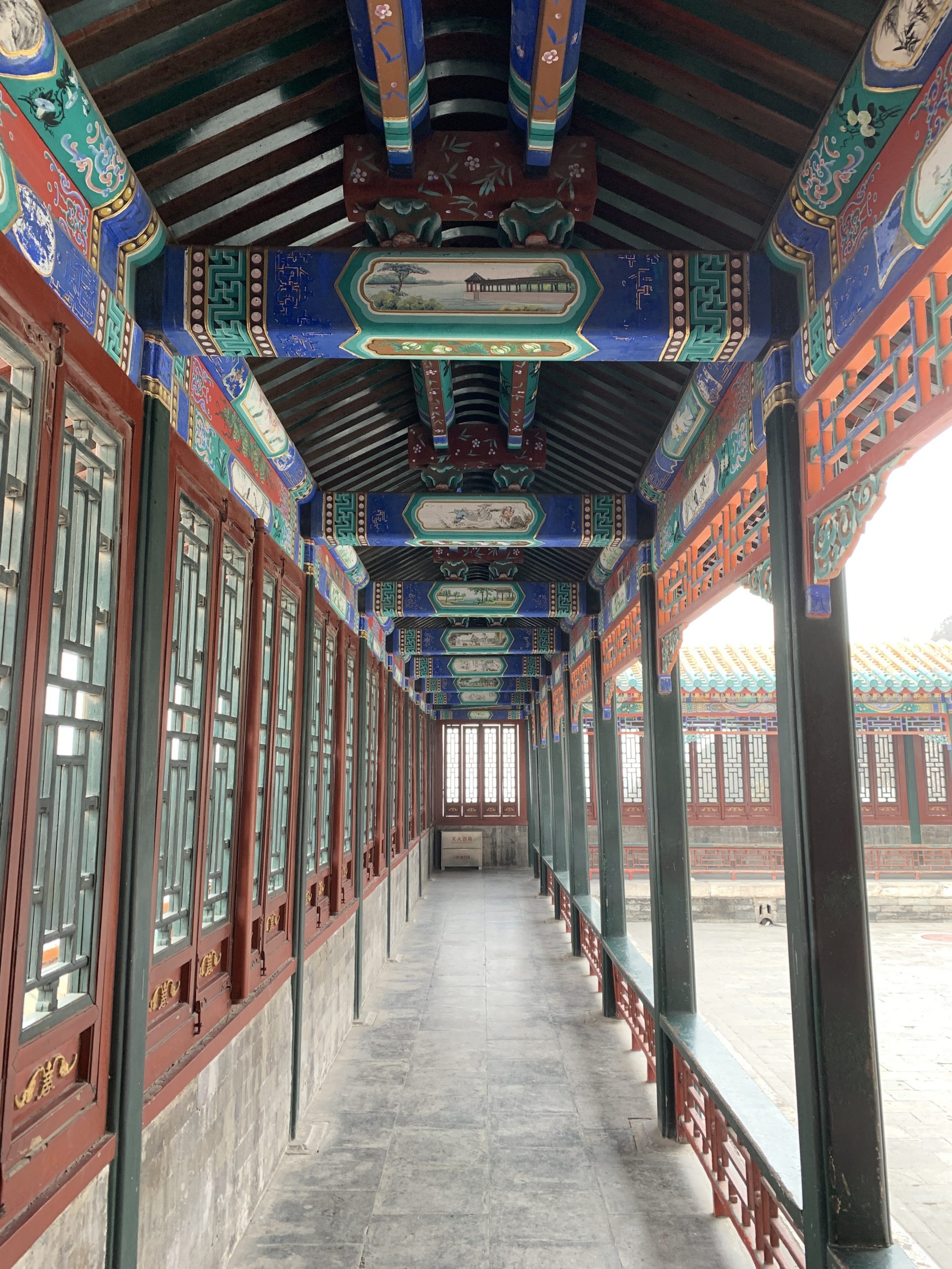 Summer Palace hallway. Extremely detailed work on ceiling and leaded glass on walls