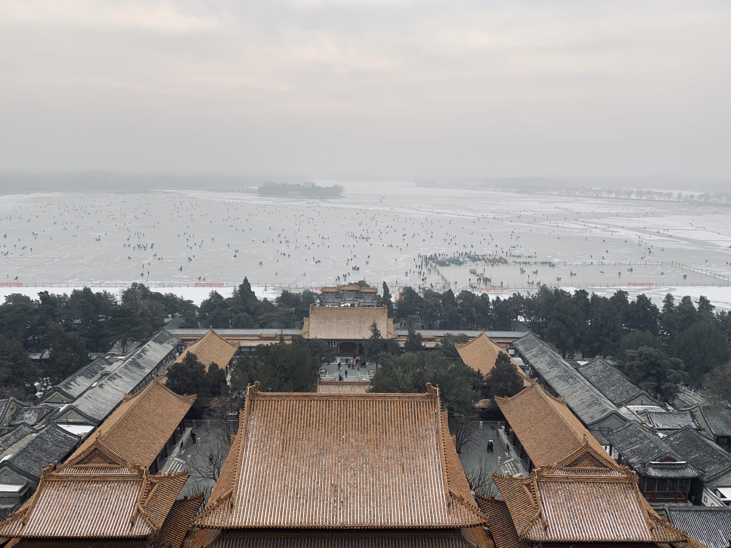 Summer Palace in Winter with a light dusting of snow on the roof.