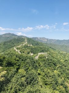 View from the Great Wall of mountains and blue sky.