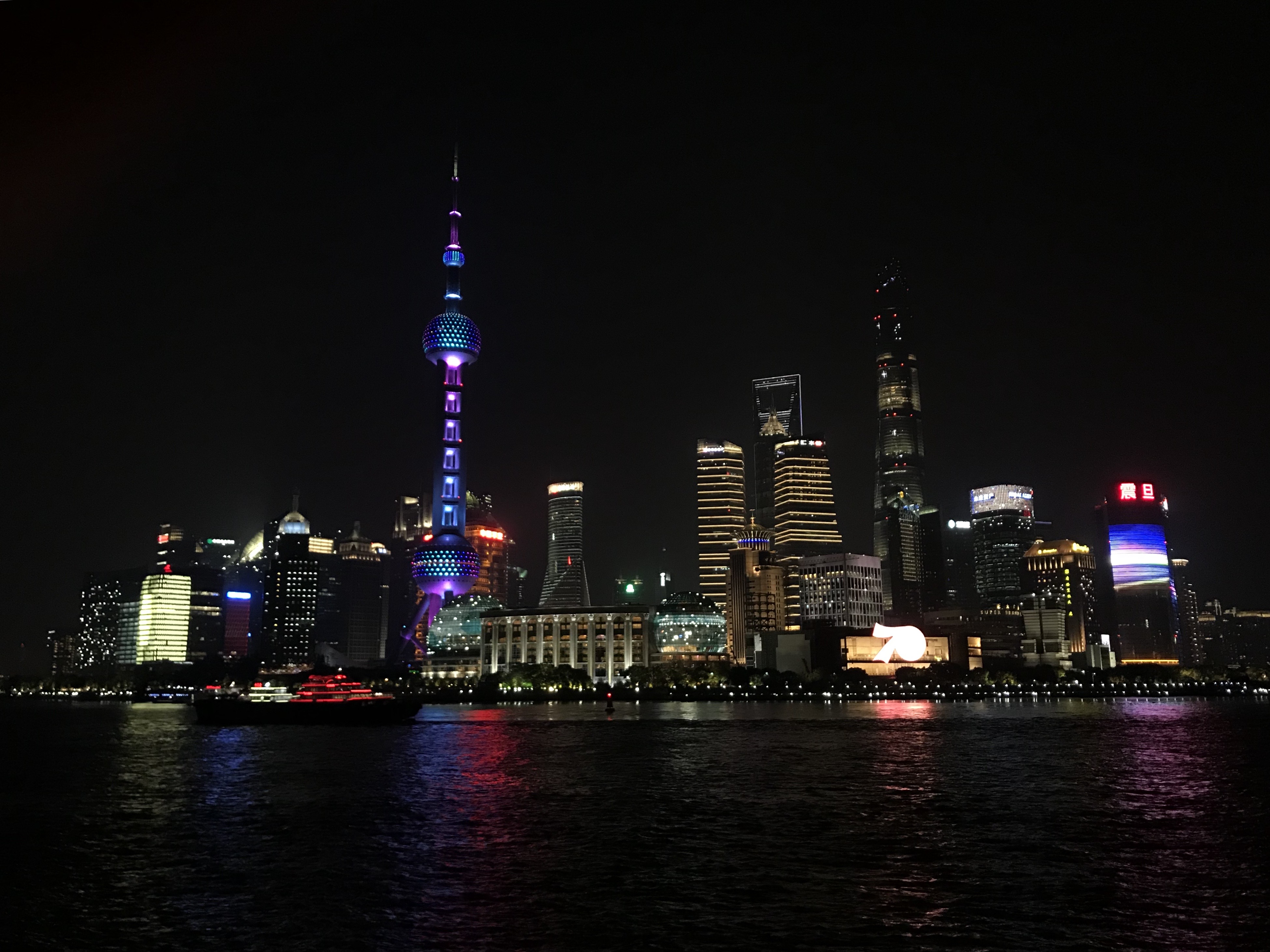 The skyline of Shanghai from "the Bund" at night.