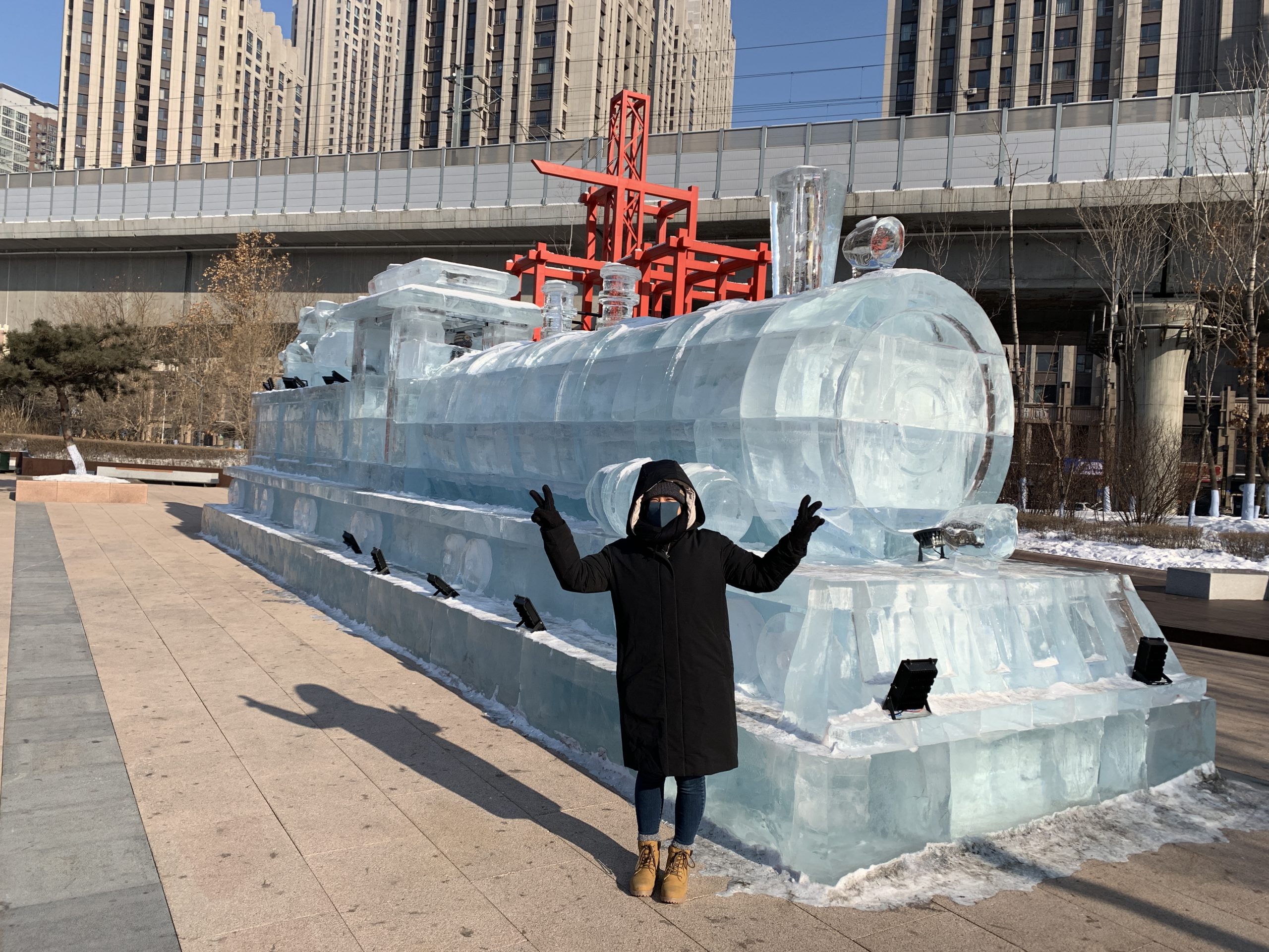 In front of an ice sculpture of a train