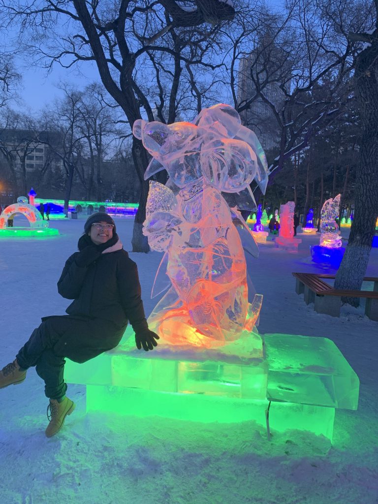 Posing with a rat ice sculpture since it is the Year of the Rat in the Chinese zodiac.
