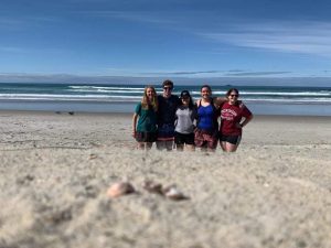Group of five students standing on a sandy beach in front of the ocean and under a blue sky.