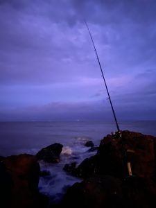 A fishing pole stands in the rocks with the ocean in the background. The sun is just starting to come up and the sky is deep purple and blue.