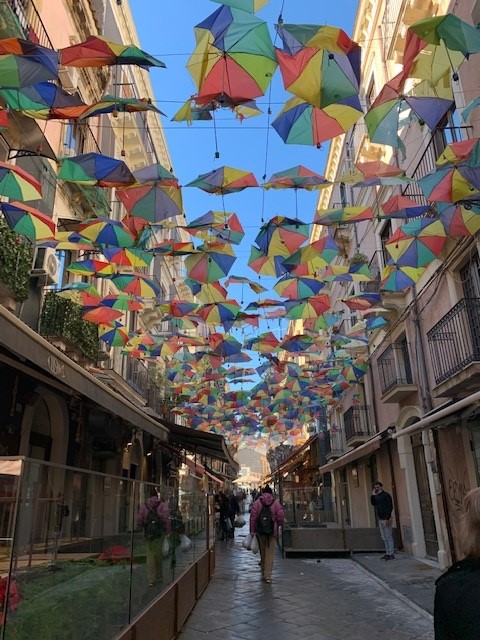 Fish market decorated with hundreds of umbrellas located at Alonzo Piazza, Sicily, Italy.