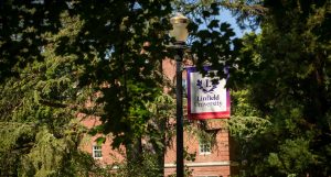 Linfield University banner on campus